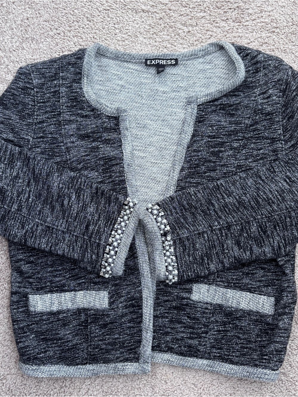 Express Two-Tone Black & Gray Beaded Open Cardigan